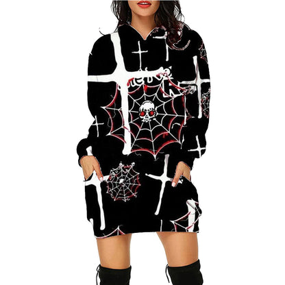 Damen Halloween Hoodie Kleid – Bequemes Freizeitkleid mit lustigen Motiven für Party & Kostüm