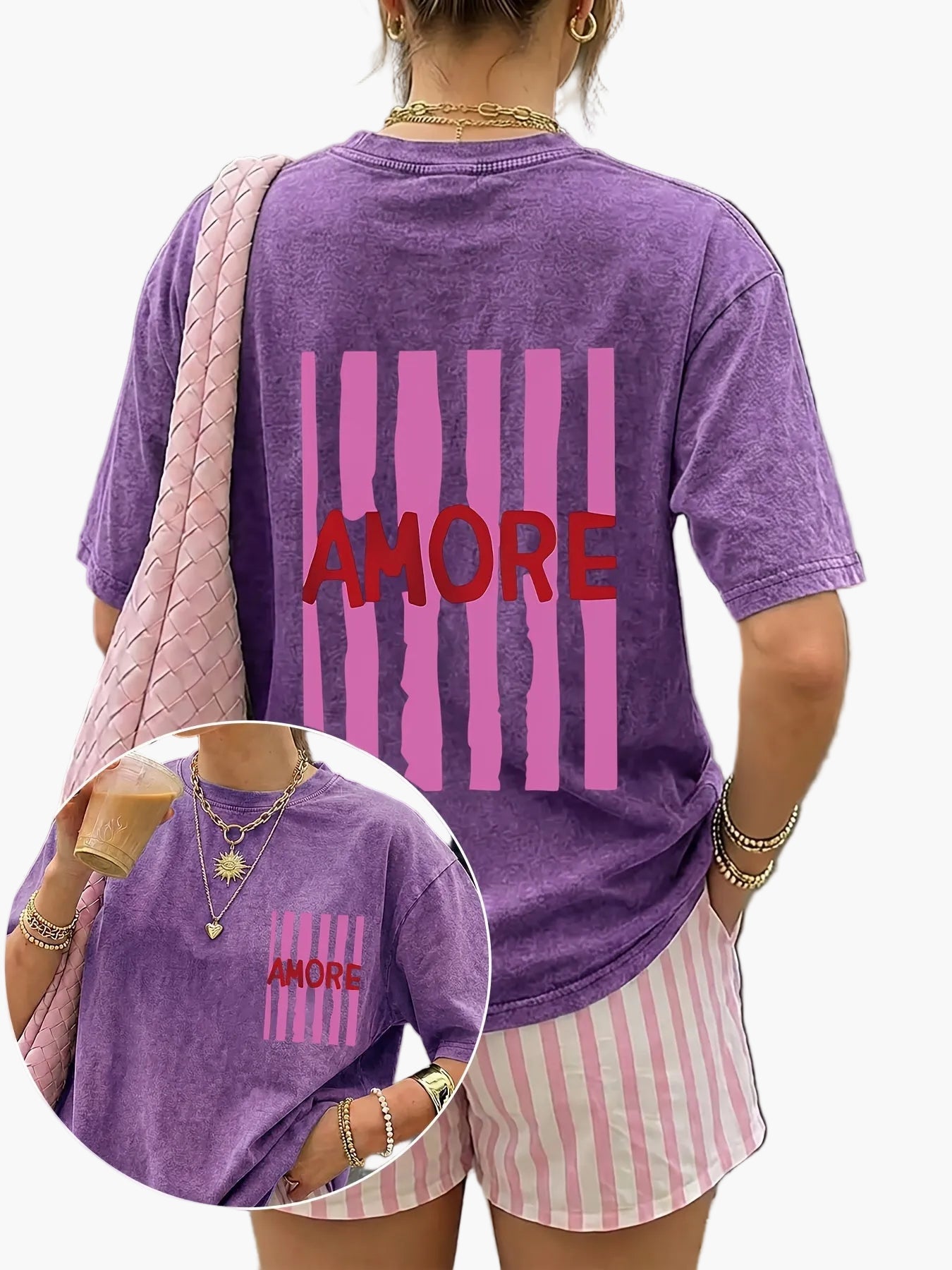Damen Oversize Casual T-Shirt mit Print und Streifenshorts – Sommer Streetstyle Freizeitoutfit