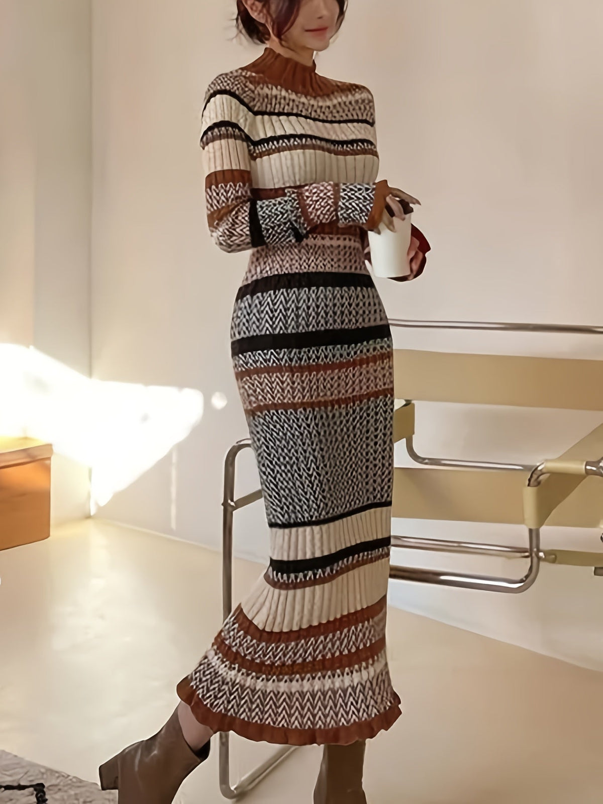 Damen Maxikleid Strickkleid Gemustert Braun Beige Rollkragen Langarm