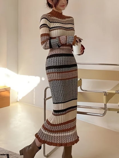 Damen Maxikleid Strickkleid Gemustert Braun Beige Rollkragen Langarm