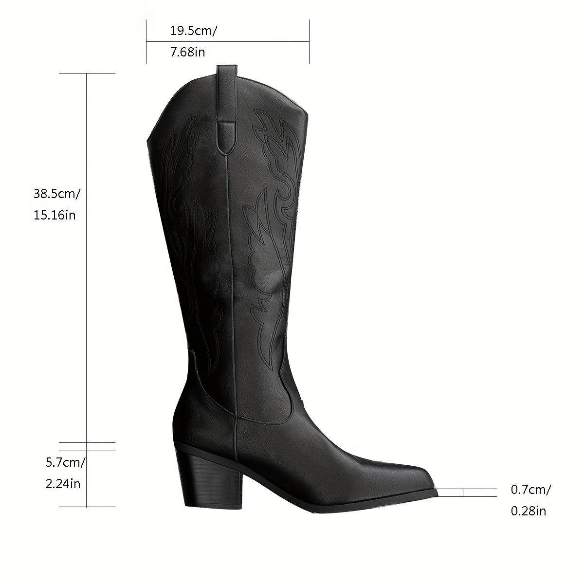 Damen Westernstiefel Schwarz Kniehoch mit Stickerei Blockabsatz
