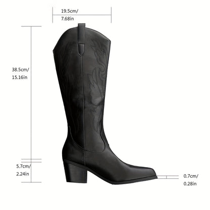 Damen Westernstiefel Schwarz Kniehoch mit Stickerei Blockabsatz