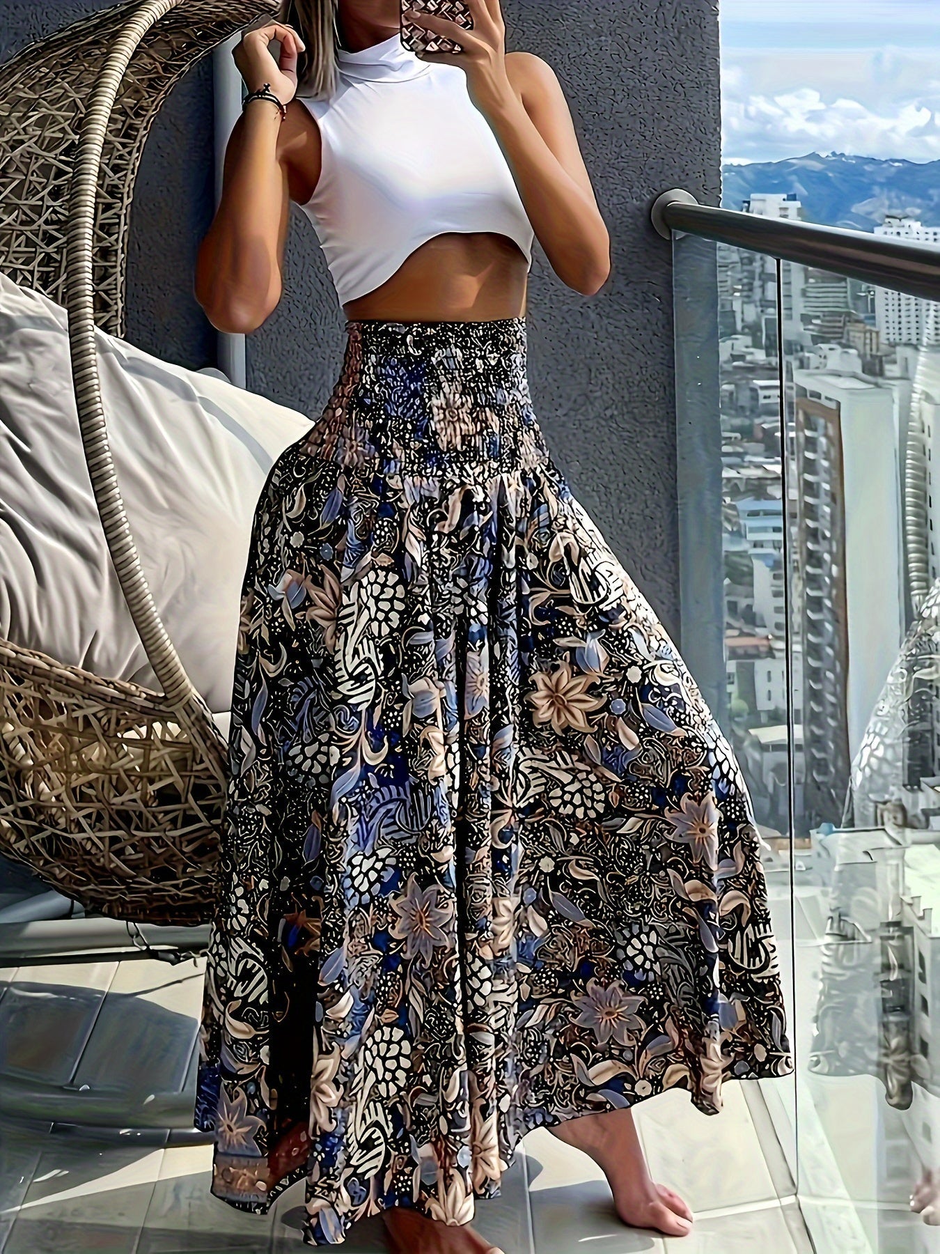 Damen Maxirock mit tropischem Print – Eleganter Boho-Stil für Sommer und Urlaub
