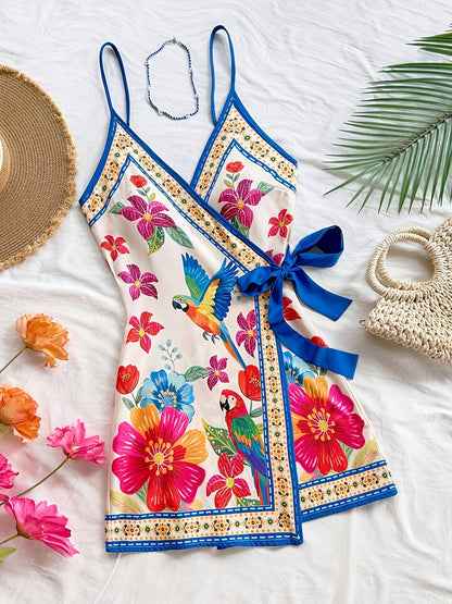 Damen Sommer Wickelkleid mit tropischem Print und Blumenmuster – Ideal für Urlaub und Freizeit