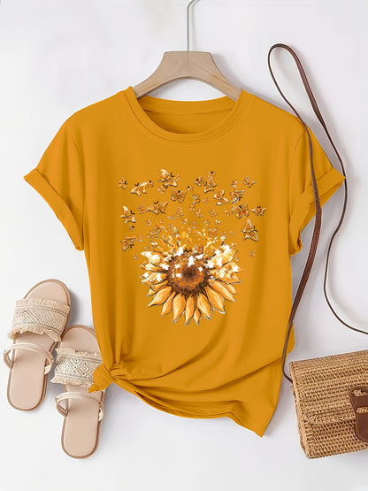 Damen T-Shirt mit Sonnenblume und Schmetterlingen – Casual Sommer Oberteil, Modisches Print-Shirt
