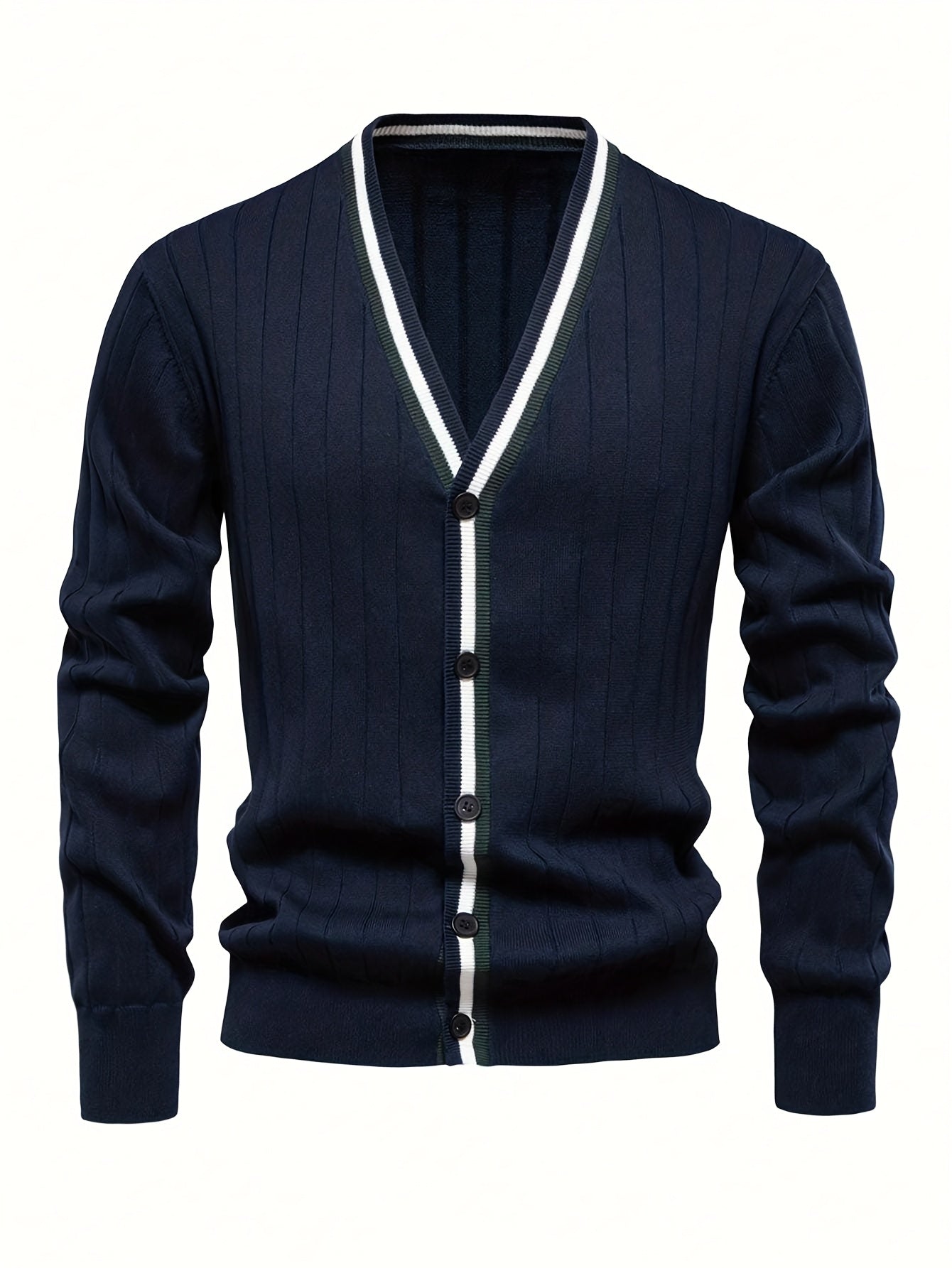 Herren Strickjacke Marineblau V-Ausschnitt mit Streifen