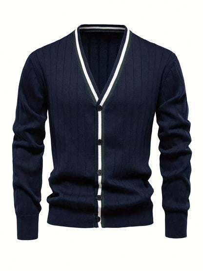 Herren Strickjacke Marineblau V-Ausschnitt mit Streifen