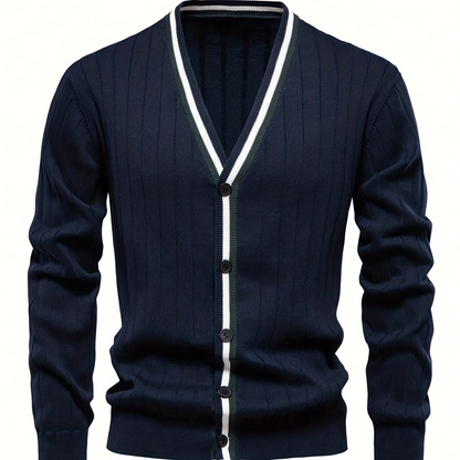 Herren Strickjacke Marineblau V-Ausschnitt mit Streifen