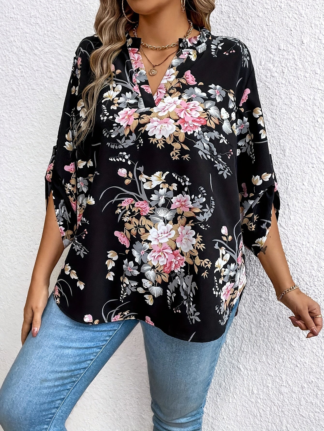 Damen Elegante Bluse mit Blumenmuster und V-Ausschnitt, Langarm, Perfekt für Alltag und Büro