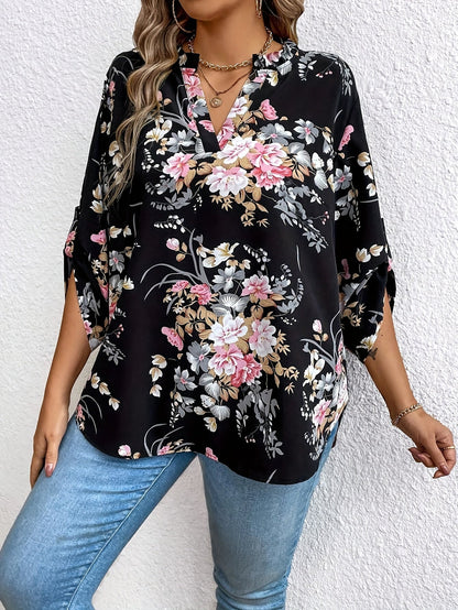 Damen Elegante Bluse mit Blumenmuster und V-Ausschnitt, Langarm, Perfekt für Alltag und Büro