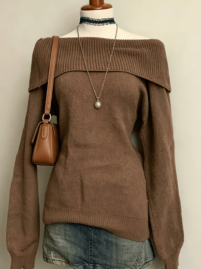 Damen Schulterfreier Pullover mit breitem Rippkragen – Lockere Passform, verschiedene Farben