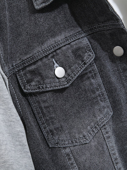 Herren Jeansjacke mit Kapuze Denim und Sweatstoff Ärmel Grau