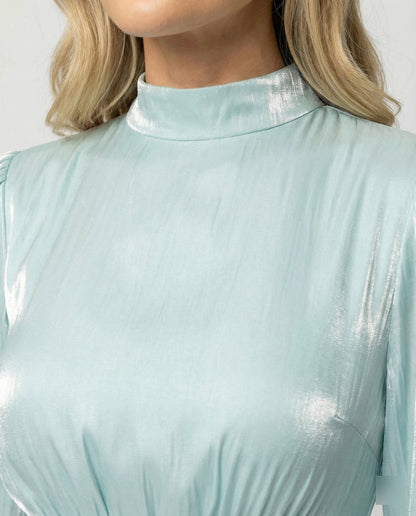 Damen Maxi-Kleid Hochgeschlossenes Langarm-Kleid mit Plissee-Rock