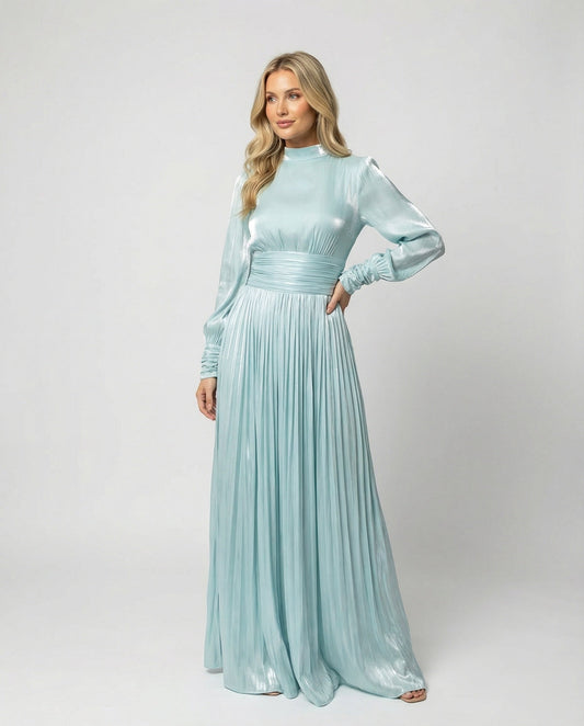 Damen Maxi-Kleid Hochgeschlossenes Langarm-Kleid mit Plissee-Rock