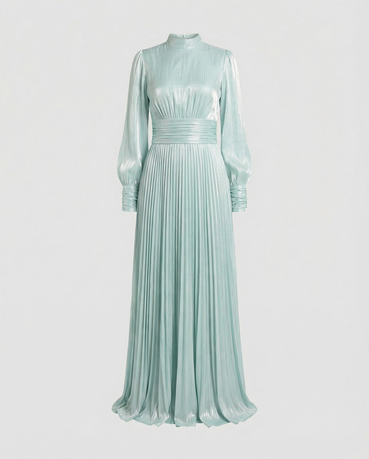 Damen Maxi-Kleid Hochgeschlossenes Langarm-Kleid mit Plissee-Rock