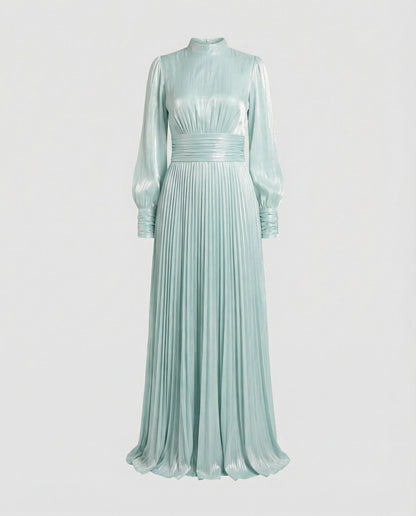 Damen Maxi-Kleid Hochgeschlossenes Langarm-Kleid mit Plissee-Rock
