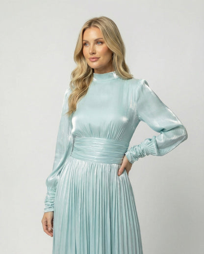 Damen Maxi-Kleid Hochgeschlossenes Langarm-Kleid mit Plissee-Rock