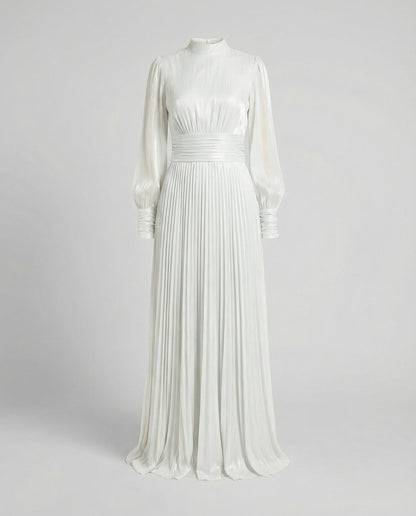 Damen Maxi-Kleid Hochgeschlossenes Langarm-Kleid mit Plissee-Rock