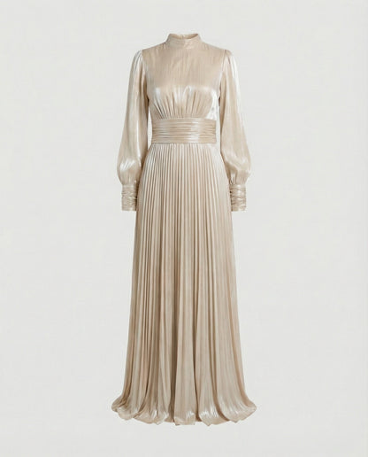 Damen Maxi-Kleid Hochgeschlossenes Langarm-Kleid mit Plissee-Rock