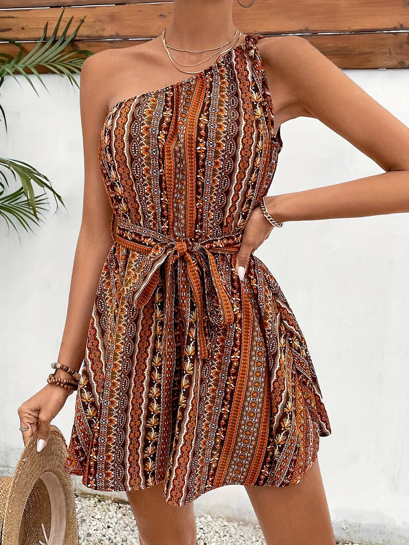 Damen Boho One-Shoulder Minikleid mit Gürtel – Perfekt für Urlaub & Sommer