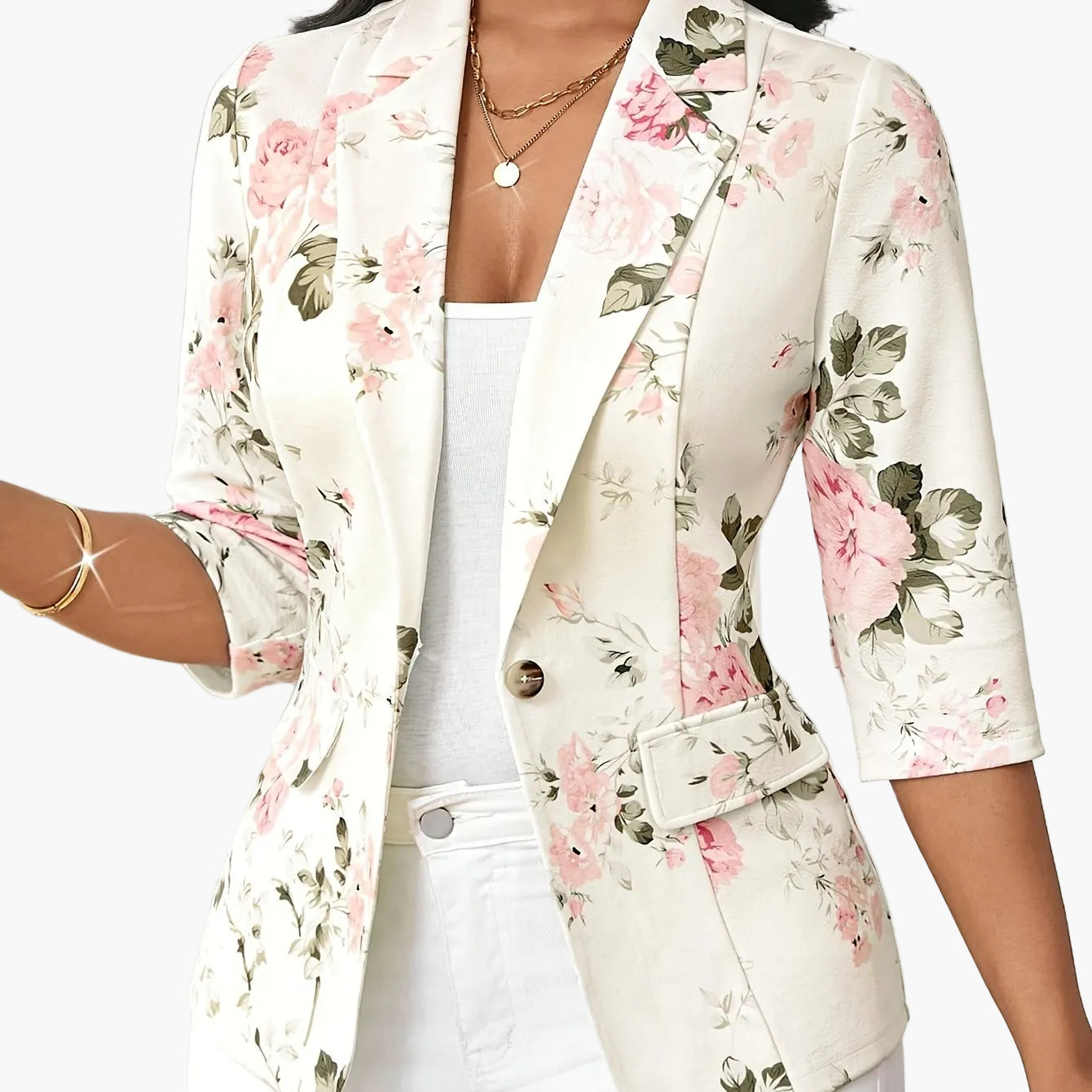 Damen Blazer Elegant mit Blumenmuster und 3/4-Ärmeln – Perfekt für Büro und Alltag