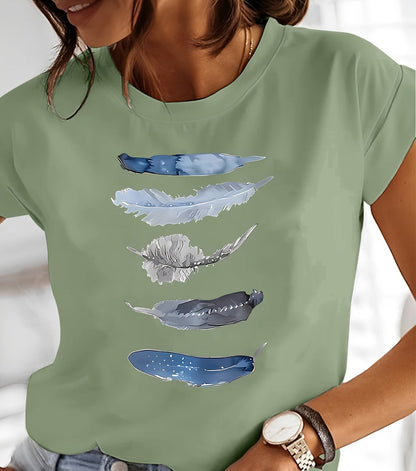 Damen T-Shirt mit künstlerischem Feder-Print, lässig, für Alltag und Freizeit