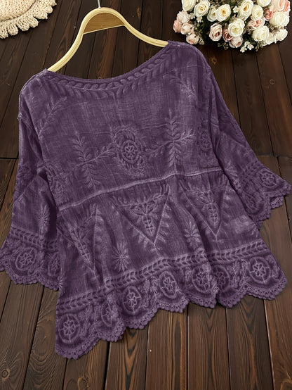Damen Bluse mit Stickerei und V-Ausschnitt, 3/4-Ärmel, Knopfleiste