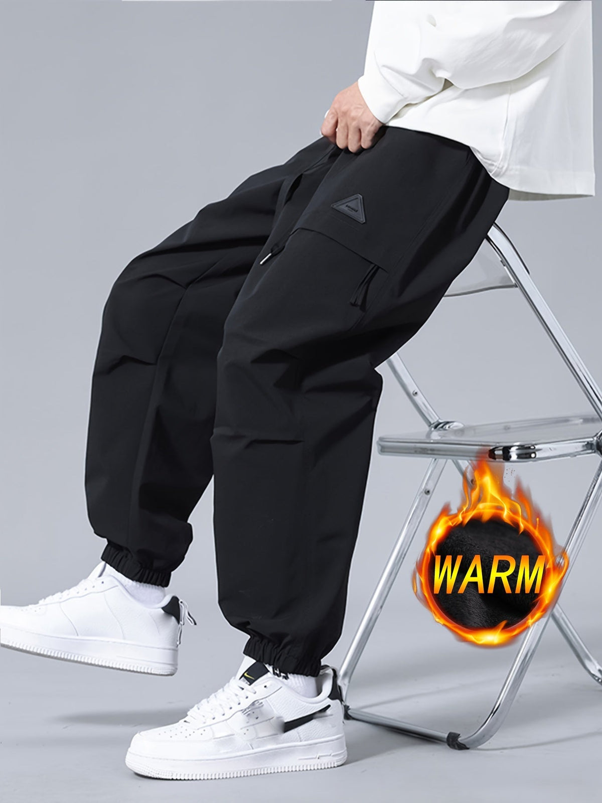 Winter Cargo Hose Herren Warm Gefütterte Trainingshose Elastischer Bund Kordelzug