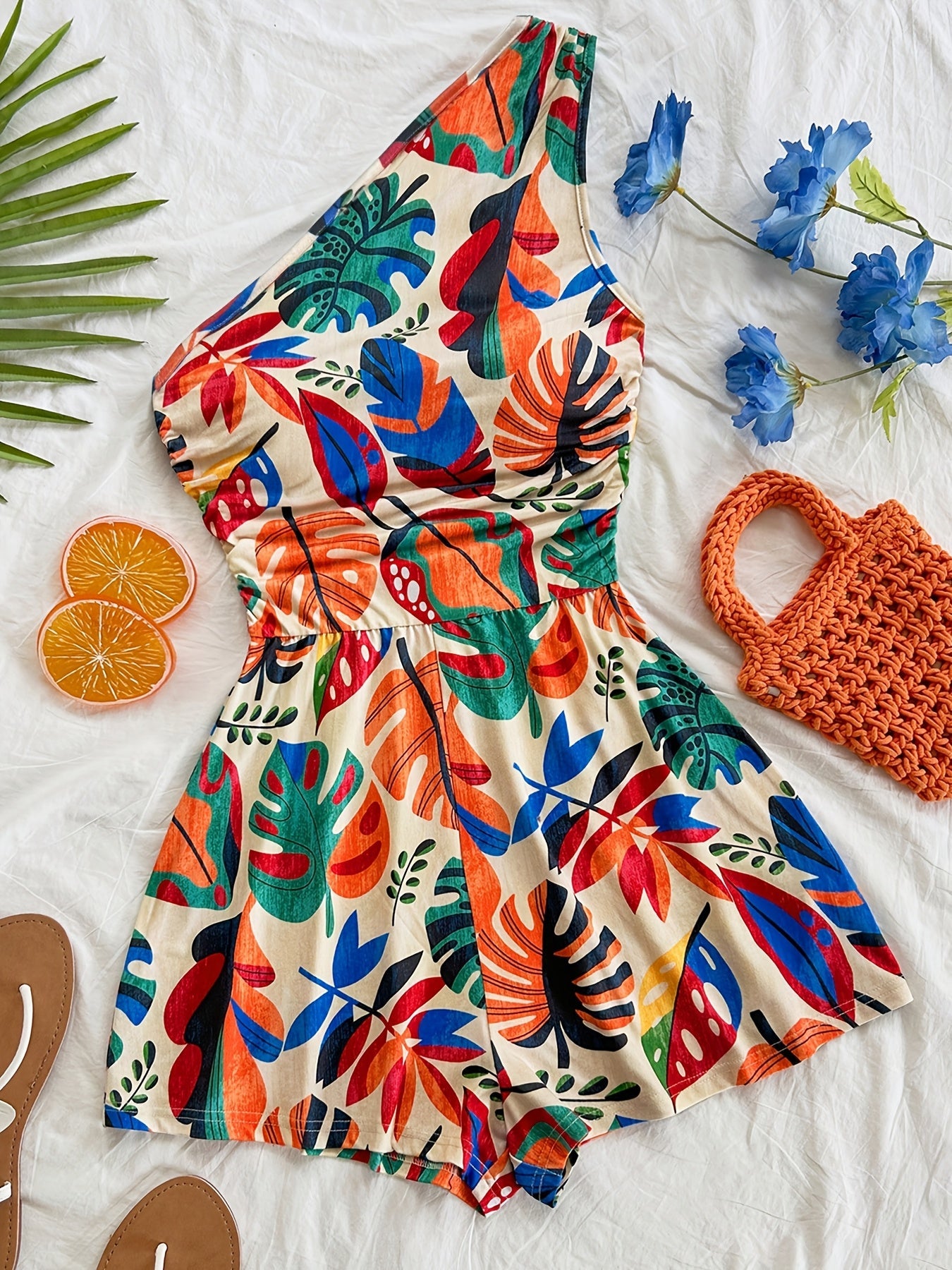 Damen Ein-Schulter-Jumpsuit mit tropischem Print – Modischer Sommer-Overall für Freizeit und Urlaub