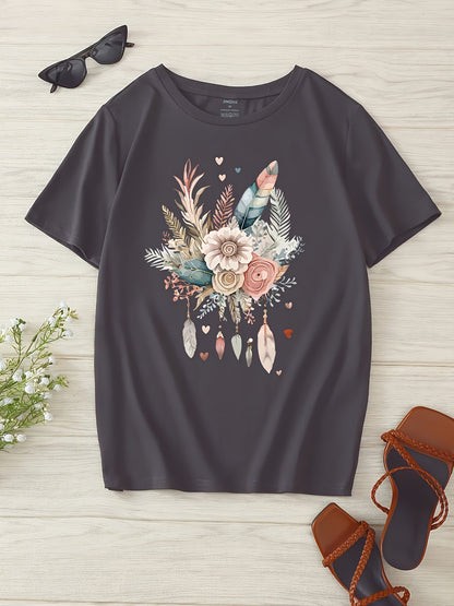Damen T-Shirt mit floraler Boho-Feder Grafik – Modisches Freizeitshirt für Frühling und Sommer