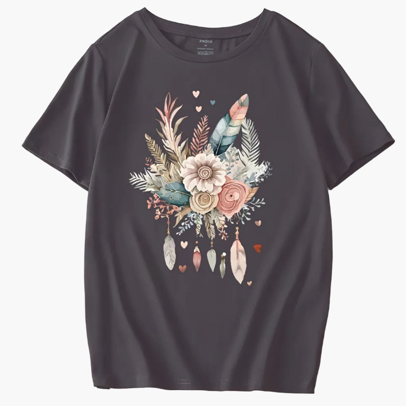 Damen T-Shirt mit floraler Boho-Feder Grafik – Modisches Freizeitshirt für Frühling und Sommer