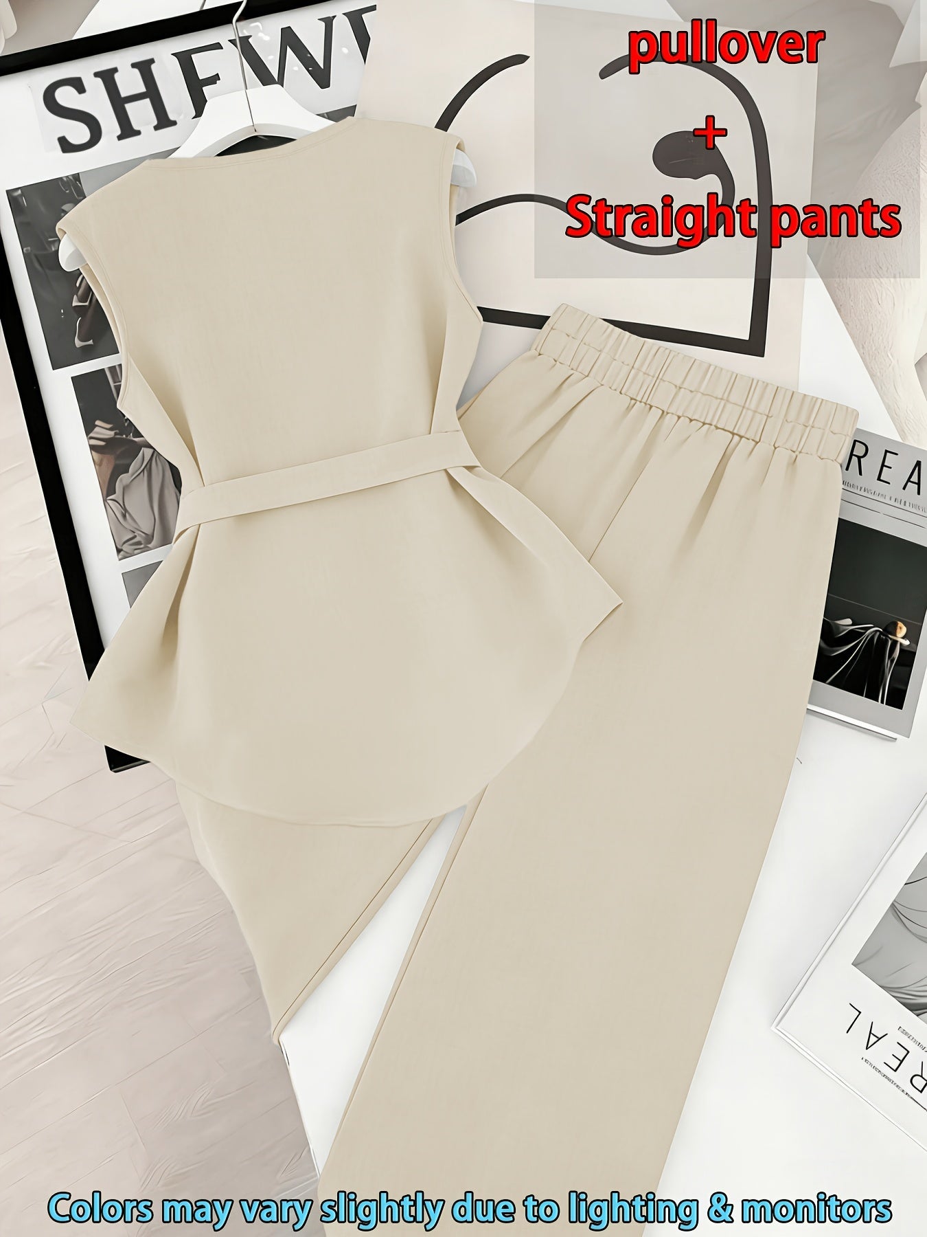 Damen Zweiteiler Set Elegant – Ärmelloses Oberteil mit Gürtel & Gerade Hose, Business & Alltag