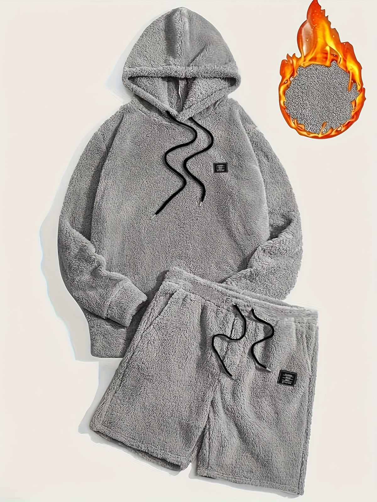 Unisex Teddy-Fleece Hoodie & Shorts Set mit Kapuze und Kordelzug
