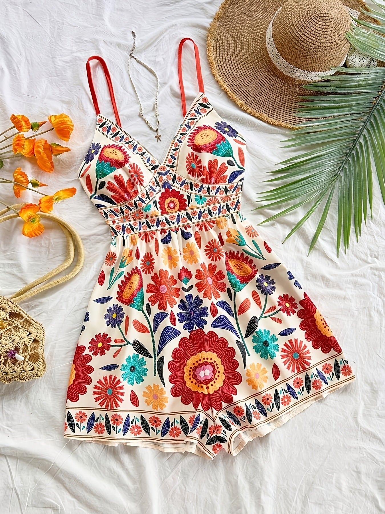 Damen Jumpsuit mit Blumendruck und Spaghettiträgern – Boho Style für Freizeit und Urlaub