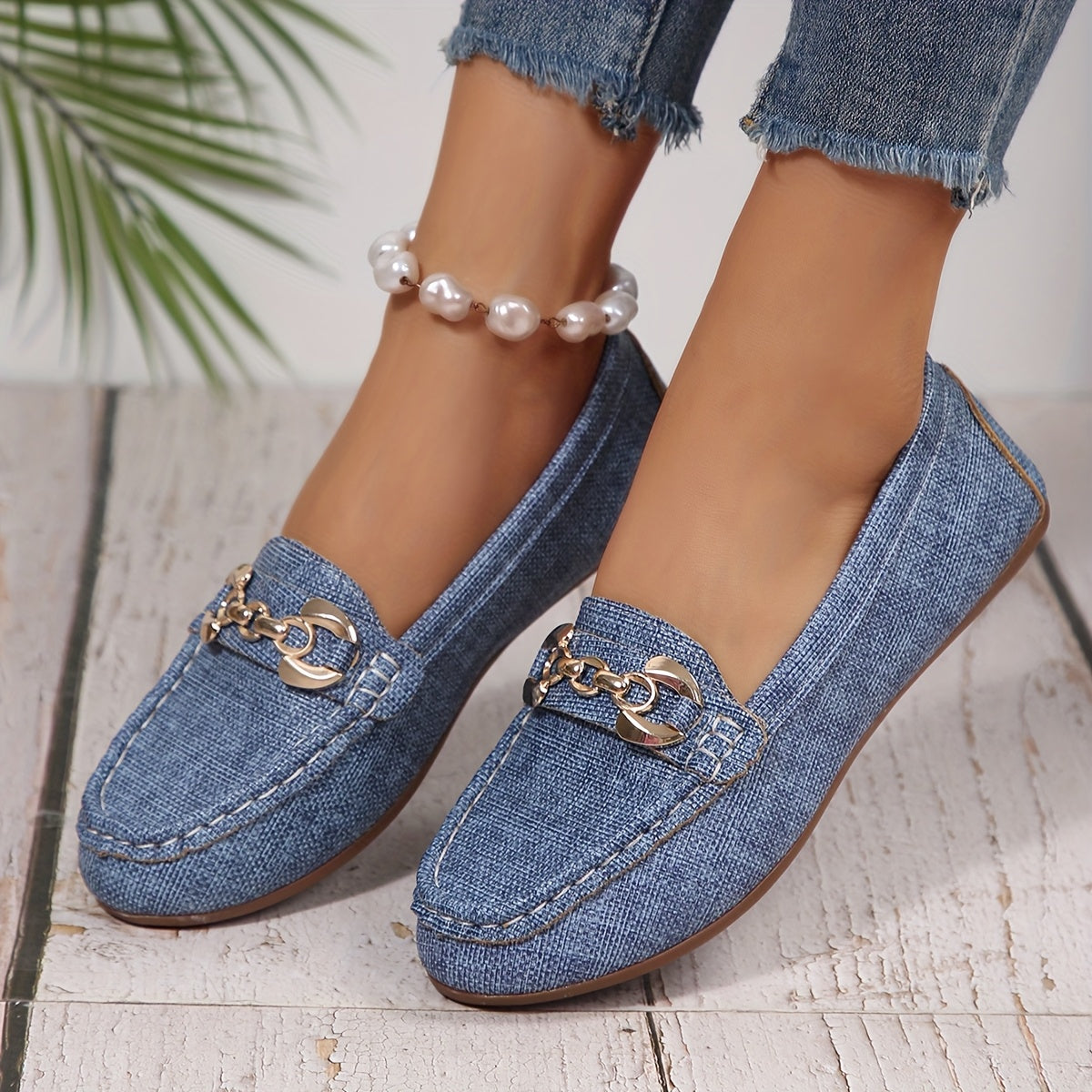 Damen Mokassins im Loafer-Stil mit Ketten-Detail – Stilvolle bequeme Freizeitschuhe für Alltag und Büro