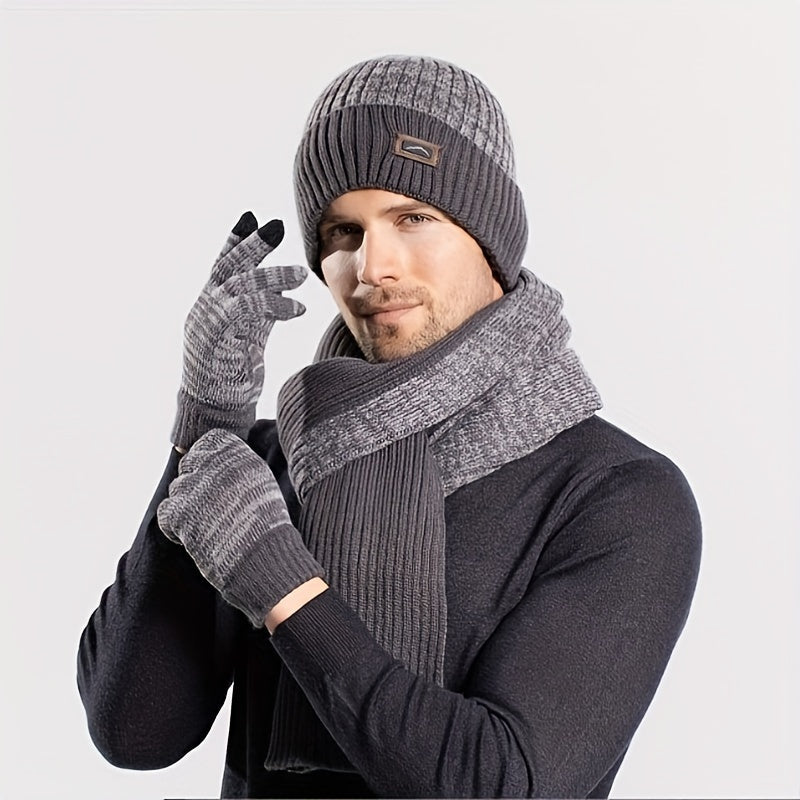 Unisex Wintermütze Schal Handschuhe Set, Gestrickt mit Innenfutter, Grau Melange