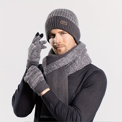 Unisex Wintermütze Schal Handschuhe Set, Gestrickt mit Innenfutter, Grau Melange