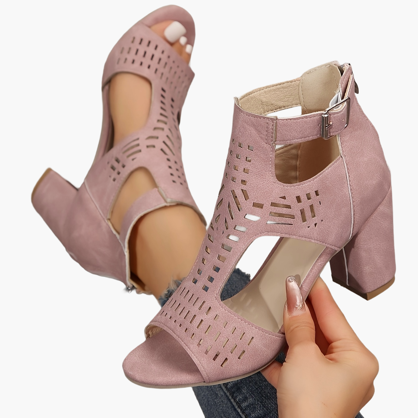 Damen Sandaletten mit Blockabsatz und Cut-Out Design – Modische High-Heel Sommerschuhe für Alltag und Freizeit