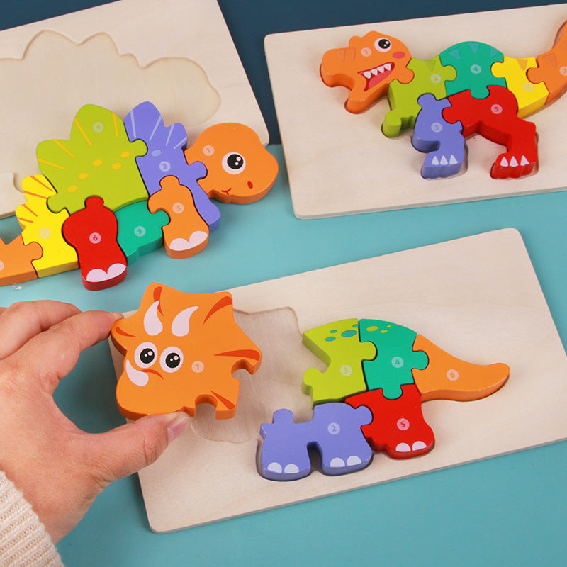 Kinder 3D Dinosaurier Holzpuzzle Lernspielzeug – Pädagogisches Steckspiel für Jungen und Mädchen