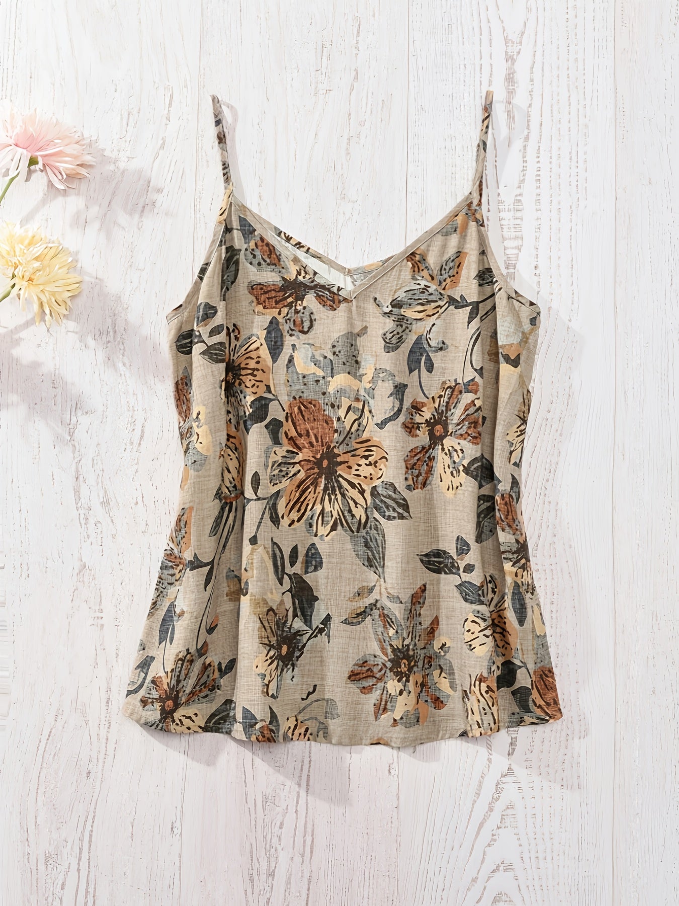 Damen Blumen-Top mit Spaghettiträgern und V-Ausschnitt – Sommerlich, Elegant, Ideal für Freizeit & Urlaub