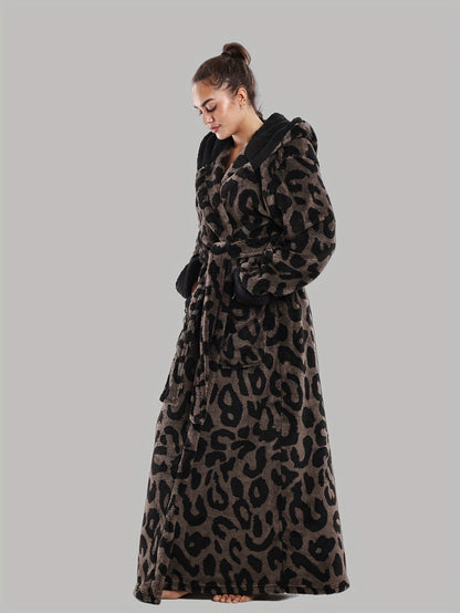 Damen Leopardenmuster Bademantel mit Kapuze – Lang, Flauschig & Weich