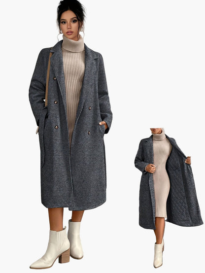 Damen Eleganter Wintermantel mit Gürtel – Langer Veganer Wollmantel für Büro und Alltag
