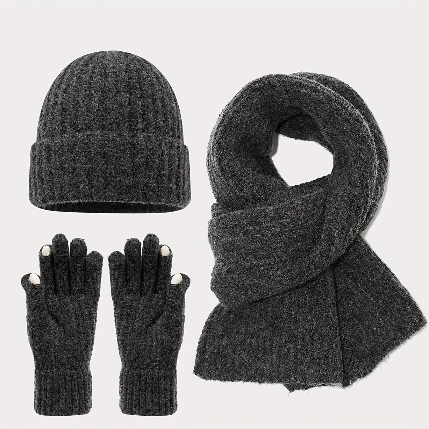 Geripptes Strickmützen-Schal-Handschuh-Set, Winter Accessoire Set in Uni-Farben
