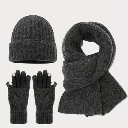 Geripptes Strickmützen-Schal-Handschuh-Set, Winter Accessoire Set in Uni-Farben