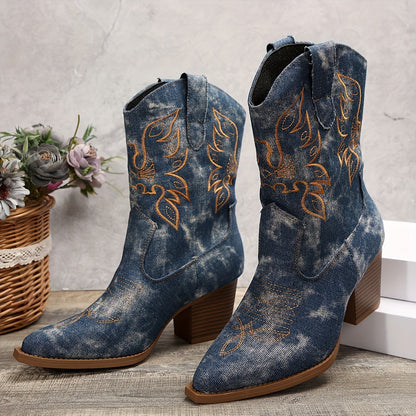 Cowboy Stiefel mit Absatz für Damen, Spitzer Zeh, Besticktes Obermaterial in Denim-Optik