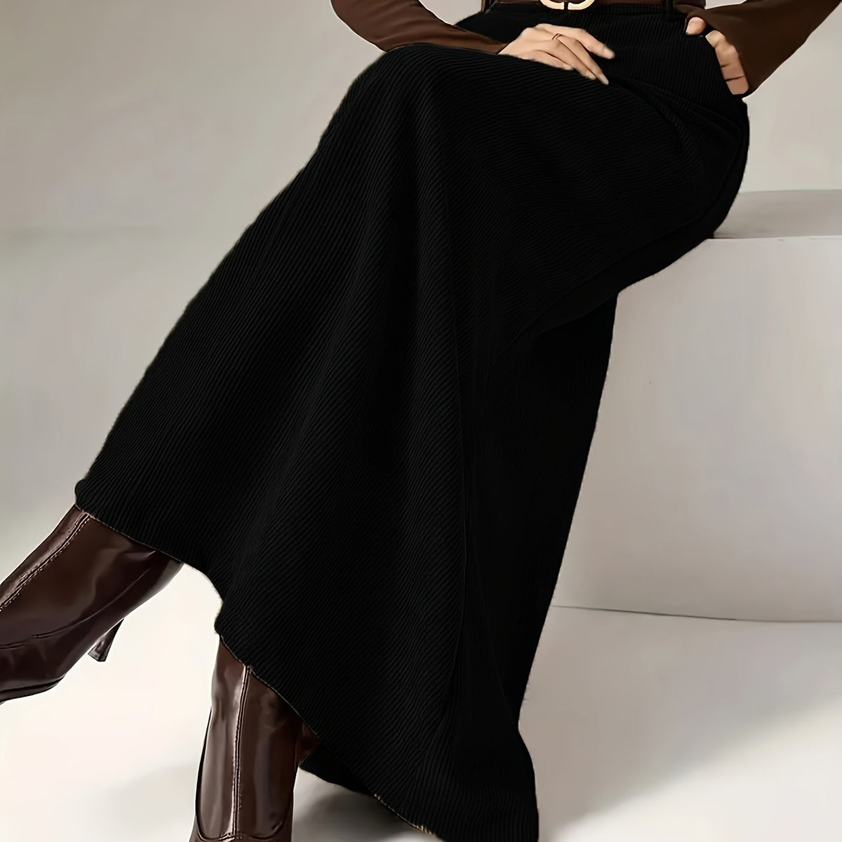 Damen Maxirock A-Linie Cordoptik Hohe Taille mit Seitentaschen