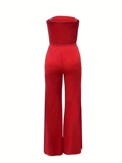 Damen Jumpsuit Sportlich Elegant Bandeau mit Streifen und weitem Bein