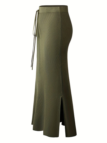 Damen Rippenstrick Maxirock mit Bindegürtel – Eleganter Freizeit- und Büro-Look