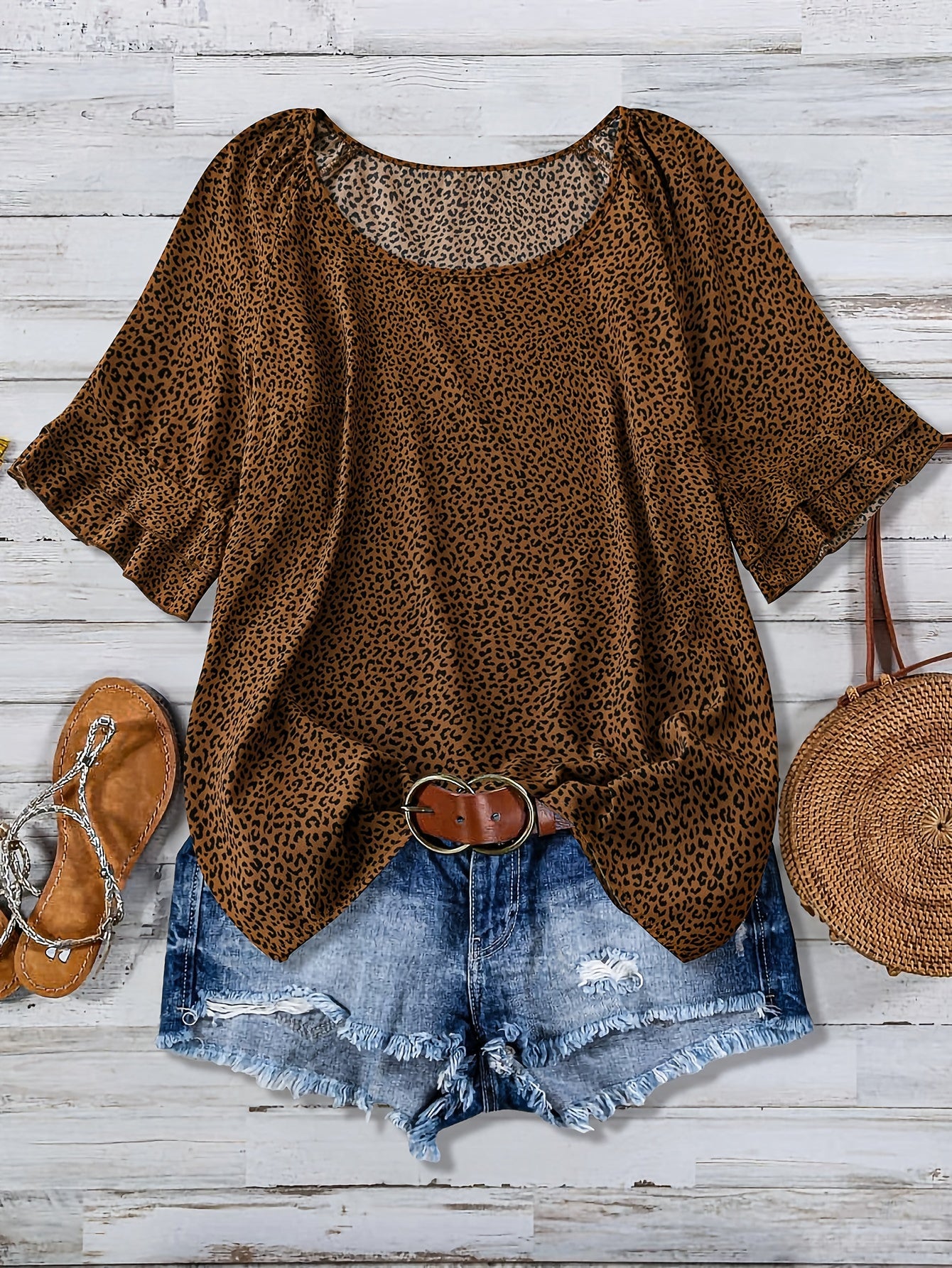Damen Leopard Print Bluse im Urlaubsstil mit Rüschen und Jeansshorts-Set – Perfekt für Sommer und Freizeit