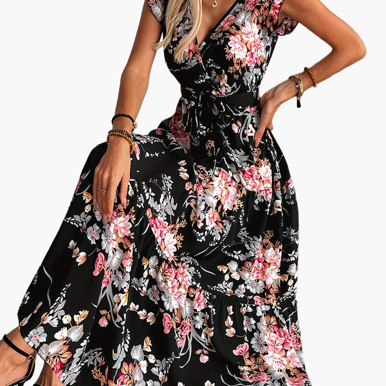 Damen Maxikleid mit Blumendruck und Gürtel – Elegantes Sommerkleid im Boho-Stil für Urlaub und Freizeit